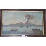 19th century Italian School, oil on canvas, View of the Bay of Naples with Vesuvius erupting, 29 x