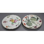 A Chelsea red anchor 'artichoke' plate and a similar 'fruit and butterfly' plate, c.1755, 21.8 and