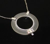 An Art Deco style paste mounted frosted glass? pendant necklace, marked '925', pendant 63mm,