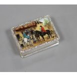 A modern silver and enamel snuff or pill box, with scene of figures and horses, S.J Rose & Son,