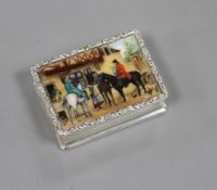 A modern silver and enamel snuff or pill box, with scene of figures and horses, S.J Rose & Son,