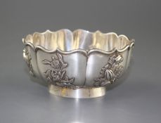 A late 19th/early 20th century Chinese Export white metal bowl, by Zee Wo, decorated with various