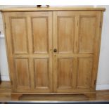 An Edwardian pine boot cupboard, with two panelled doors enclosing a fixed nine division interior,