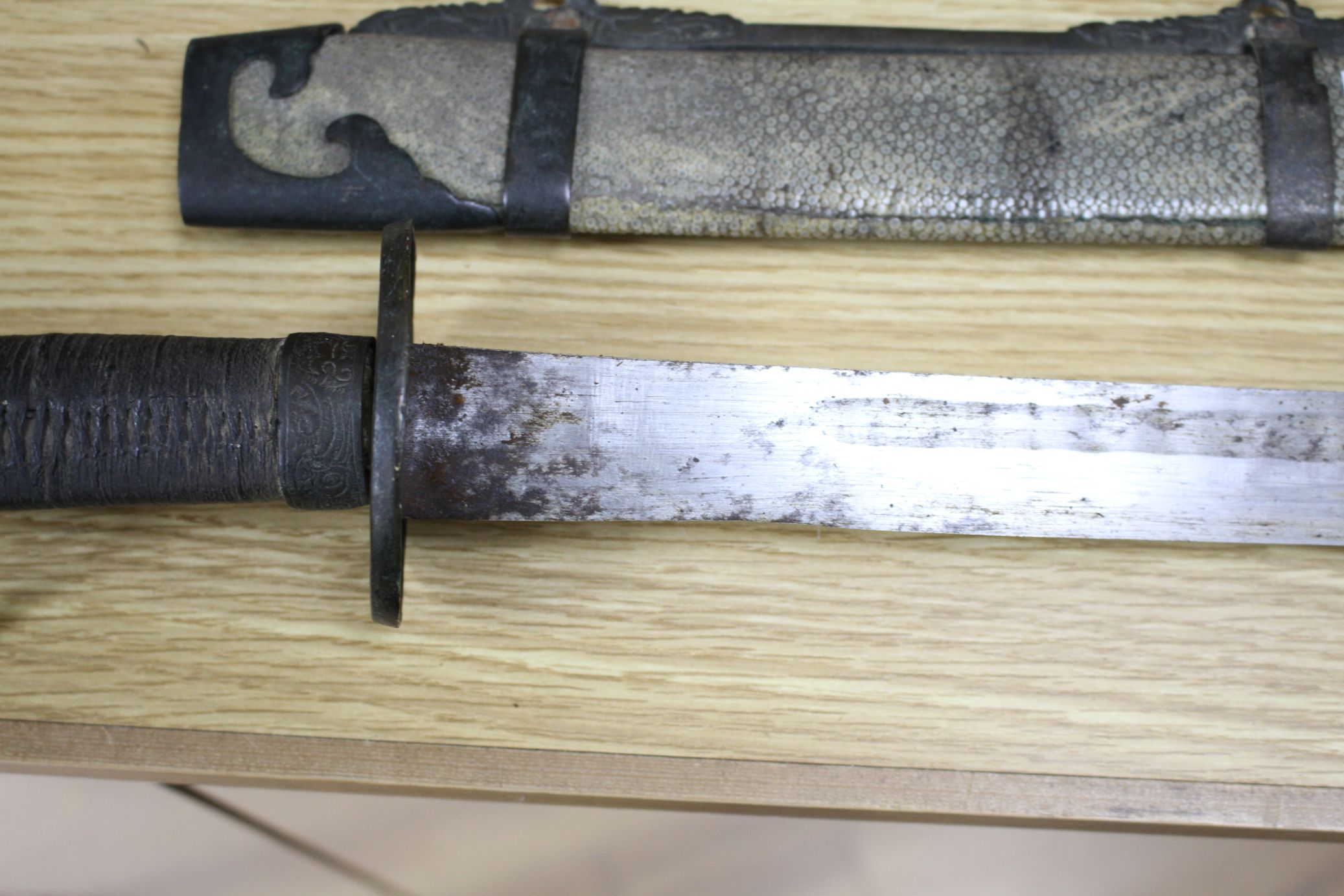 A 19th century Chinese sword, with shagreen and bronze mounted scabbard, the mounts slightly - Image 3 of 8