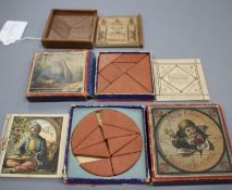 Three late 19th century Tangram puzzles, consisting: 'The Chinese Puzzle', mahogany pieces and box