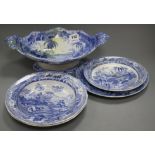 Three Spode Indian Sporting Series blue and white plates, a stand and a footed dish, c. 1815- 25,