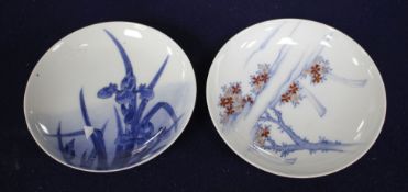 Two Japanese porcelain saucer dishes, decorated with irises and flowering trees, diameter 15.5cm