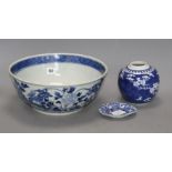 A large Chinese blue and white bowl, 29.5cm a prunus jar, height 12cm and a Kangxi blue and white