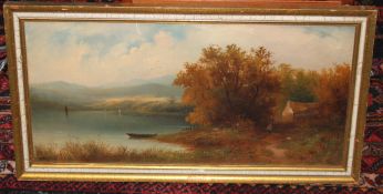 Scottish School, oil on canvas, loch scene, indistinctly signed, 30 x 60cm. Puncture hole just