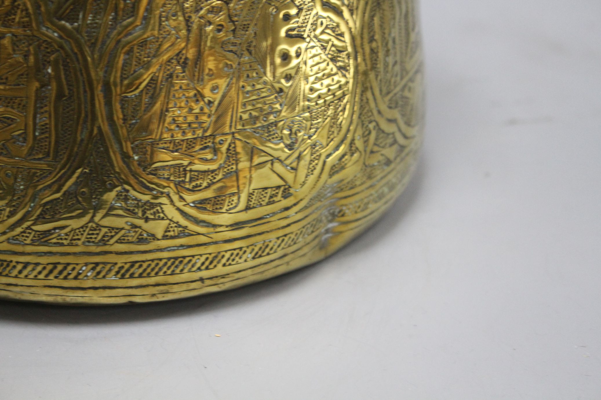 A Cairoware brass jardiniere, decorated with panels of figures and calligraphy, height 18cm, - Image 2 of 5