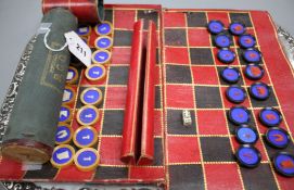 A 19th century Jaques Patent portable 'B.C.D.' backgammon, chess and draughts board set, the gilt