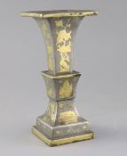 A Chinese pewter and brass inlaid altar square vase, 18th / 19th century, decorated with insects,