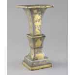 A Chinese pewter and brass inlaid altar square vase, 18th / 19th century, decorated with insects,