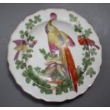 A Chelsea 'exotic bird' plate, c.1758-60, red anchor mark, 21.5cm Condition: Minor wear and black
