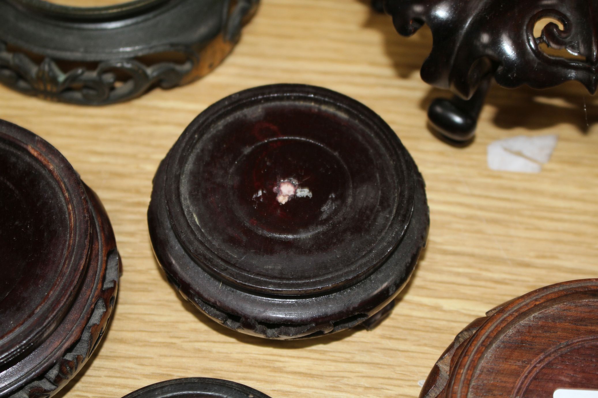 Thirteen assorted mainly Chinese hardwood vase stands, largest diameter 17cm, height 12cm - Image 3 of 8