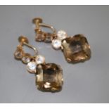 A pair of 9ct, smoky quartz and white paste set drop ear clips, drop 37mm, gross weight 13.5