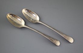 A pair of Georgian silver Old English pattern base marked tablespoons, maker W.T, circa 1770,