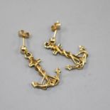 A pair of yellow metal novelty drop earrings, each modelled as an anchor, anchor 20mm, gross 2.3