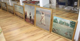 Six oileographs, all reproductions of famous early depictions of cricket, largest 51 x 74cm