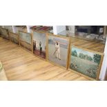 Six oileographs, all reproductions of famous early depictions of cricket, largest 51 x 74cm