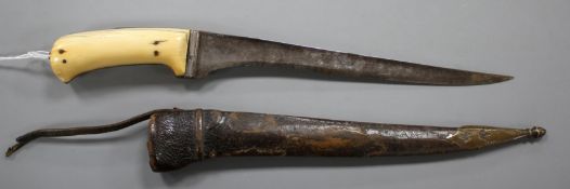 An Indian dagger pesh kabz, ivory grips, silver covered hilt and leather scabbard, late 18th