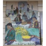 South American School, oil on hard board, Flower seller on the church steps, 83 x 57cm, unframed