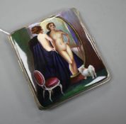 A Continental silver plated cigarette case, c.1900, the lid enamelled with naked female figure in