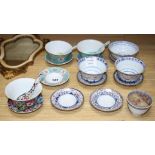 Six Chinese porcelain bowls, eight stands, three spoons and a candle holder, second half 20th