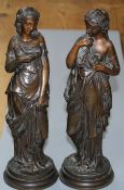 A pair of late 19th century French bronze figures of muses, each standing holding flowers, height
