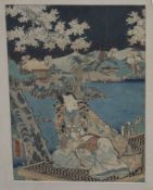 Kunisada?, a Japanese woodblock print, Samurai seated beneath blossoming trees, 34 x 24cm Condition: