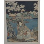 Kunisada?, a Japanese woodblock print, Samurai seated beneath blossoming trees, 34 x 24cm Condition: