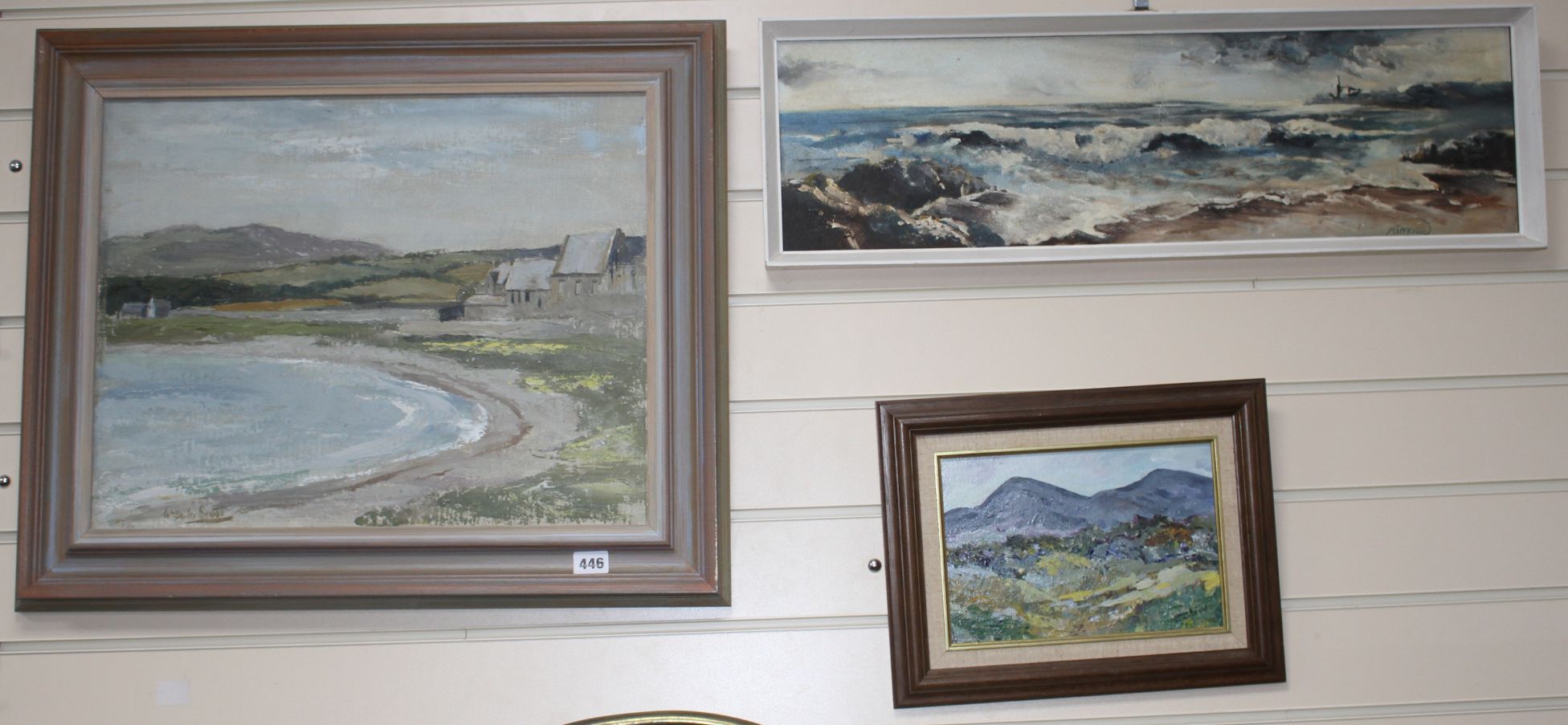 Three Irish works: Ursula Scott, oil on canvas, Coastal landscape, 40 x 50cm, A J S McKelvey, oil on