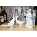 Five assorted Lladro figures and three Nao geese Condition:- woman with goose and dog, height 27cm -