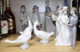 Five assorted Lladro figures and three Nao geese Condition:- woman with goose and dog, height 27cm -