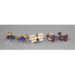 Three assorted pairs of 9ct earclips, one pair set with blue paste, the others in 9ct white metal,