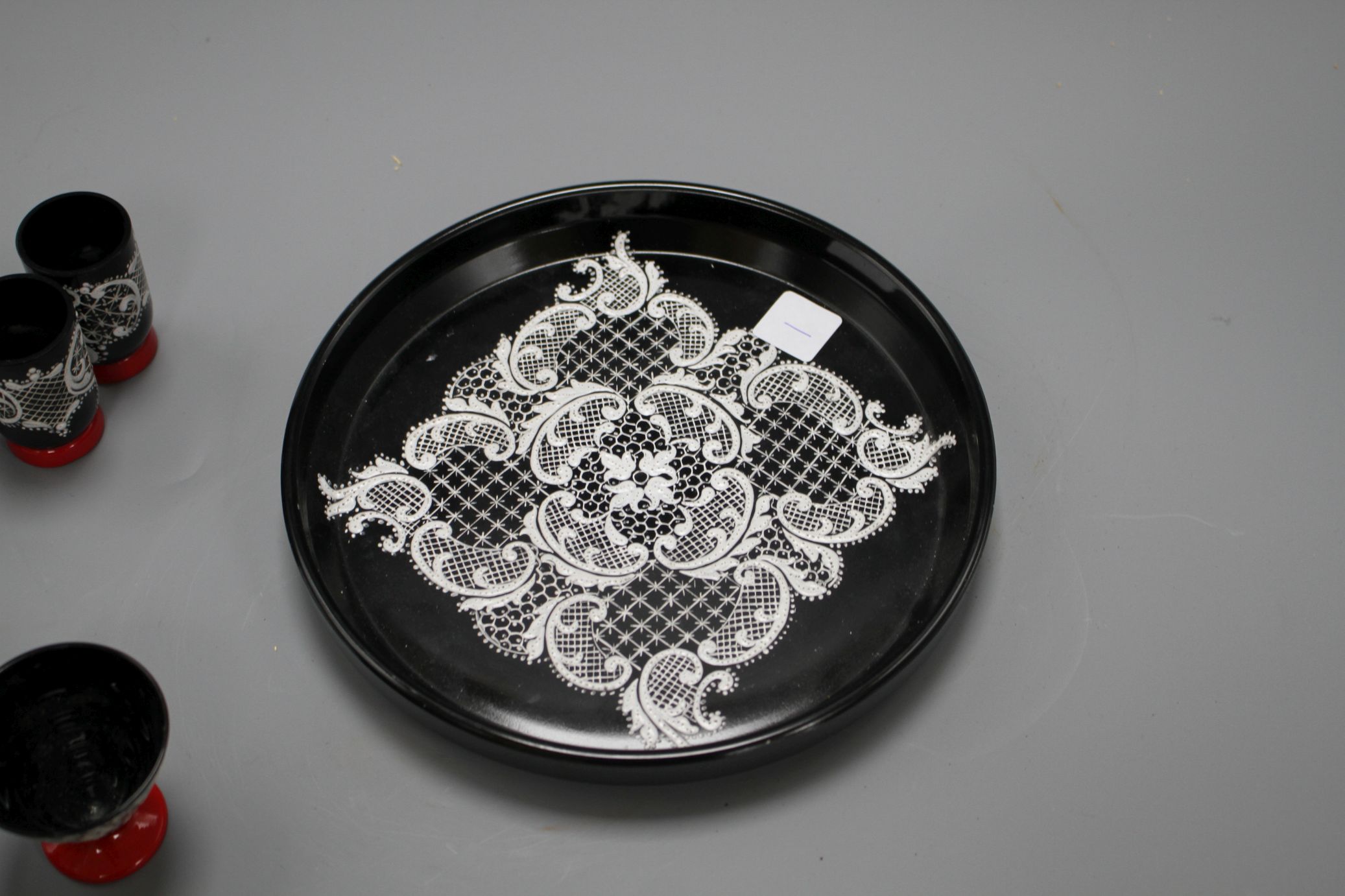 A Murano seven piece glass liqueur set, with lacework decoration, tray diameter 18cm Condition: - Image 5 of 6