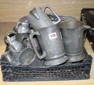 A collection of assorted pewter mugs, measures and dishes Condition:- 23.5cm plate by E. Quick of