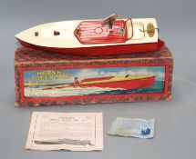 A Hornby tinplate clockwork No.2 'Swift' model speedboat, with red hull, boxed Condition: Some