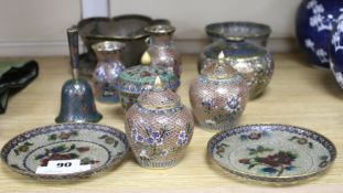 A collection of Chinese plique a jour ornaments including a bell Condition:- pair of 12.5cm dishes -