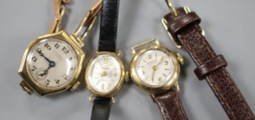 Three lady's 9ct gold manual wind wrist watches, J.W. Benson(2) and Accurist, all three currently