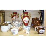 A group of assorted ceramics Condition:- French brass mounted pottery two piece desk set applied