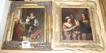 Two 19th century German School oils on zinc, Musicians on a balcony and Pipe smoker, 20 x 16cm and