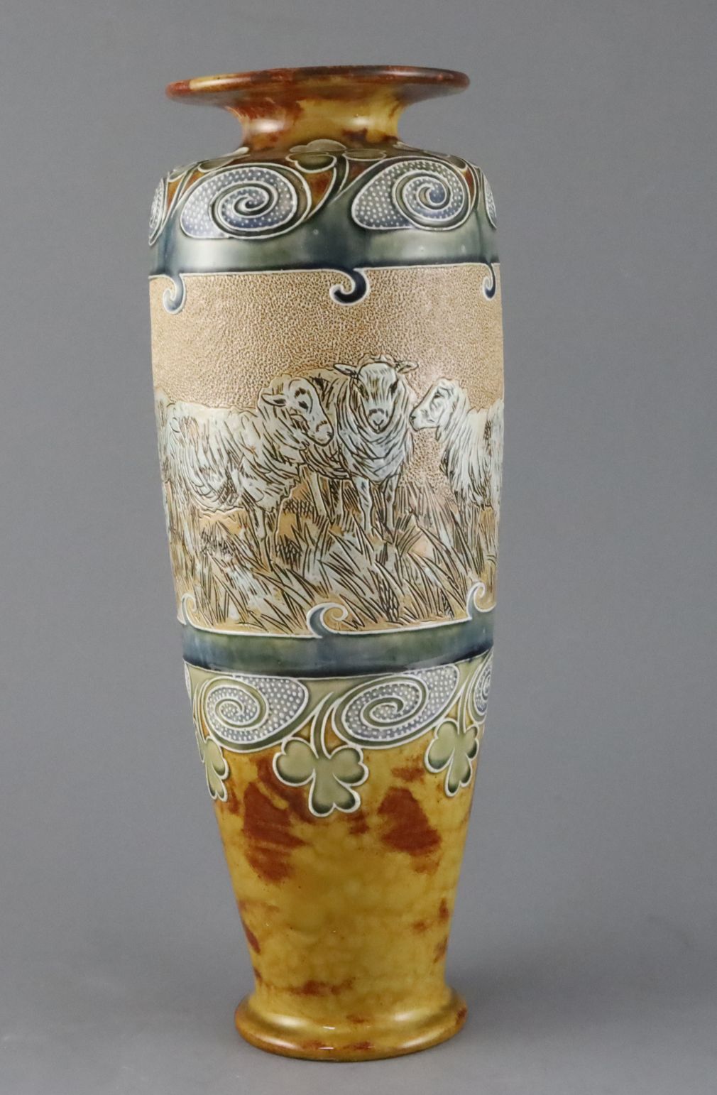 Hannah Barlow for Royal Doulton, a tall 'sheep' sgraffito vase, c.1905, impressed mark and incised