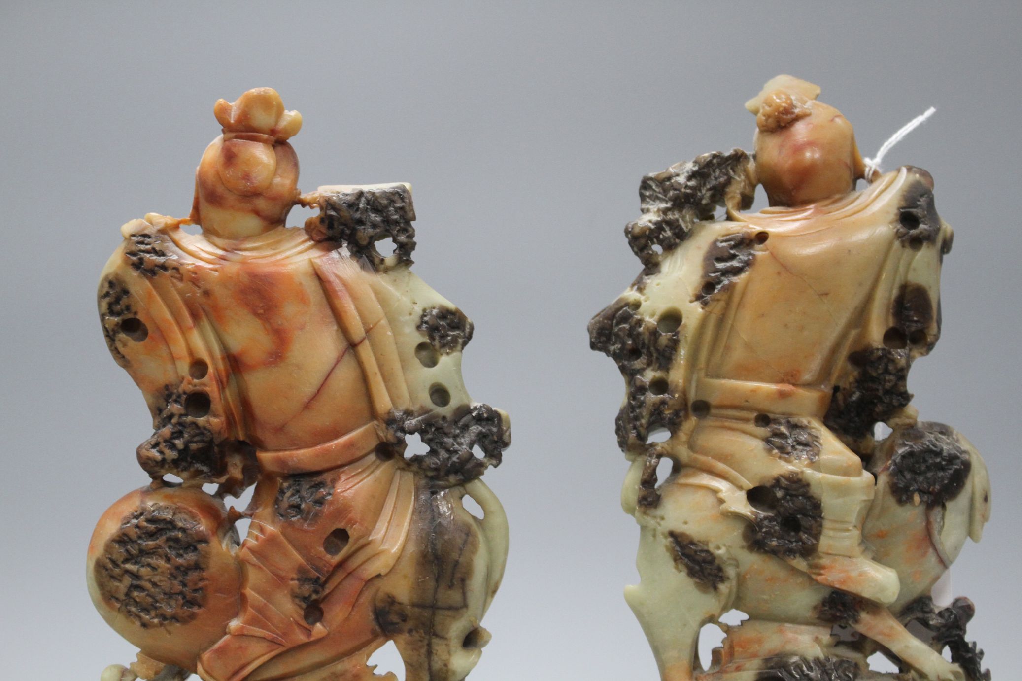 A pair of Chinese soapstone carvings depicting figures riding upon elephants, height 19cm, height - Image 5 of 5