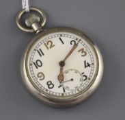 A 20th century nickel or chrome cased military issue pocket watch, with Arabic dial and subsidiary