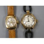 A lady's 1940's 9ct gold Omega manual wind wrist watch and a later lady's Bertina 9ct gold manual