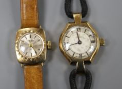 A lady's 1940's 9ct gold Omega manual wind wrist watch and a later lady's Bertina 9ct gold manual