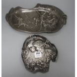 A WMF pewter tray, decorated with two maidens, 23cm, and another tray decorated with Diana hunting a