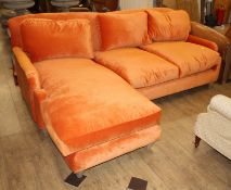 A Loaf orange velvet corner sofa group, W.226cm max.D 156cm H.84cm Condition: Very good other than
