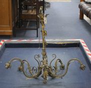 A Louis XV style gilt brass acanthus decorated five branch chandelier, drop 77cm diameter 80cm